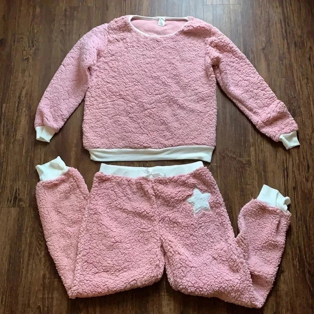 Fuzzy Sherpa Set Joggers & Pullover Top Pink Large New